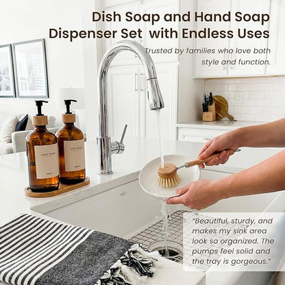 MaisoNovo Glass Dish Soap Dispenser for Kitchen Set of 2-16.9oz Amber Dish and Hand Soap Dispenser Set for Kitchen - Amber Glass Bottles x 2 with Black Bamboo Pumps & Tray