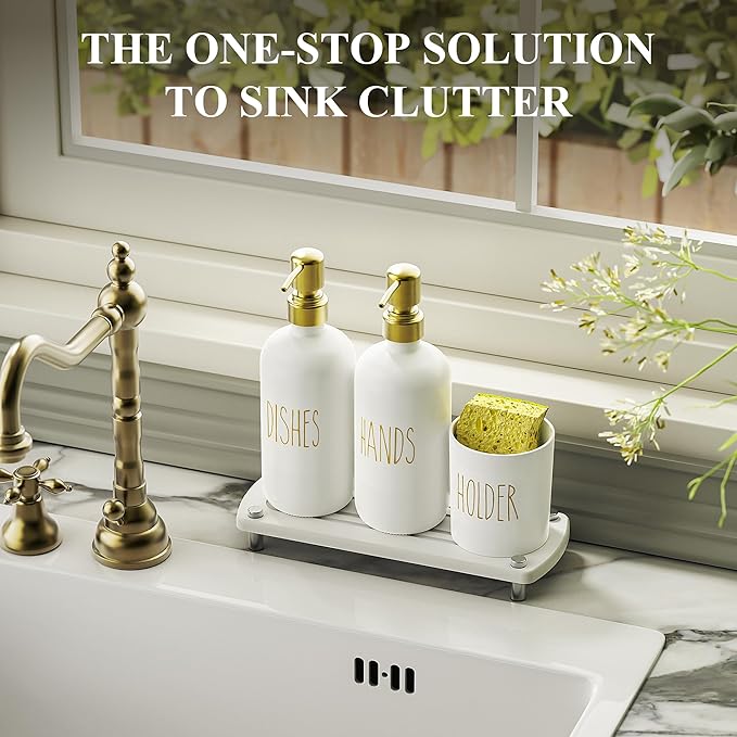 Cisily Kitchen Soap Dispenser Set Comes with Ceramics Sponge Holder, Gold Pumps, and Instant Dry Tray, Hand and Dish Soap Dispenser Set (4, Gold + White + Brush Holder) - Image 7