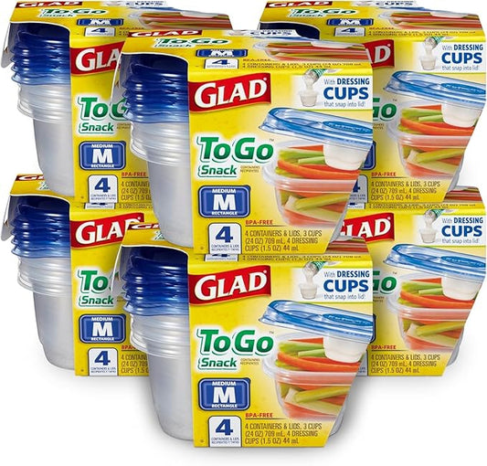Glad GladWare To Go Lunch Food Storage Containers with Lids, Medium Round BPA Free Plastic with Built-In Dressing Cup for Salads and Lunches, Microwave Dishwasher Safe, 32 Oz, 4 Count - 6 Pack by GladTrashFoodStorage