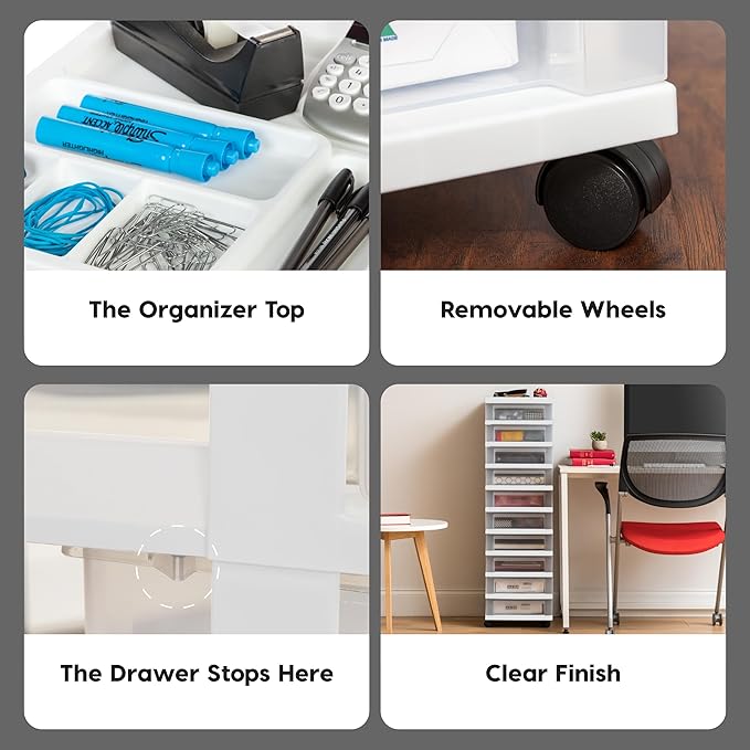 IRIS USA Plastic Drawer Storage Organizer Rolling Cart, with Wheels Casters, 10-Drawers, for Classroom Art Craft Supplies Dresser Closet Bathroom Laundry Room, White/Clear - Image 8