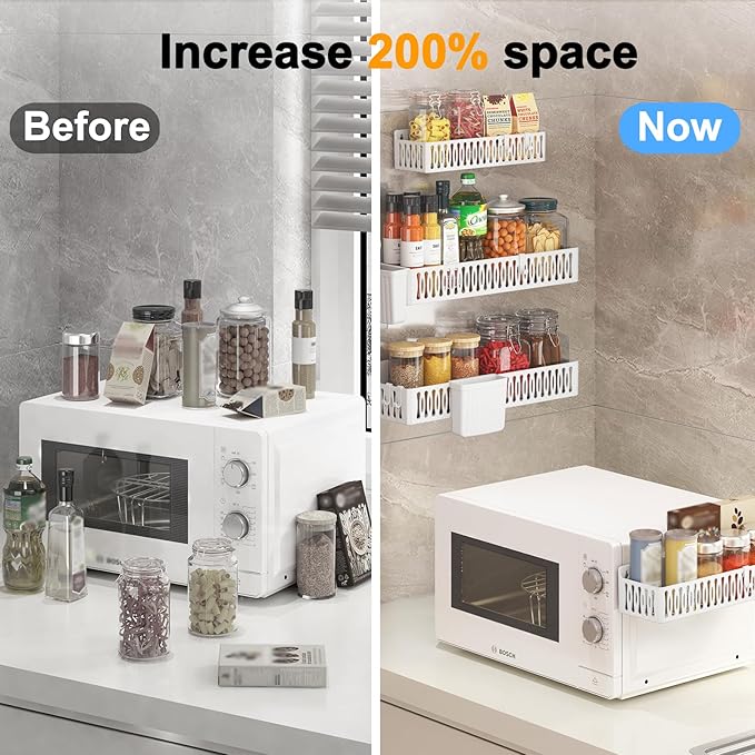 Sevenblue 4 Pack Large Magnetic Spice Rack for Refrigerator, Spice Rack Organizer, Moveable Magnetic Shelf Fridge Organizer with 4 Hooks for Kitchen and Oven Organization, White - Image 2