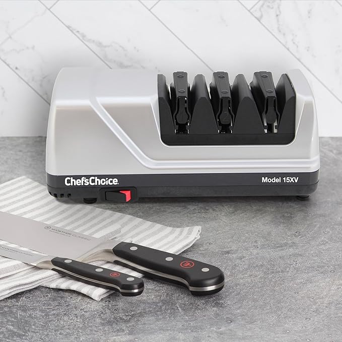 Chef'sChoice 15XV Professional Electric Knife Sharpener with Durable Metal Housing & 100-Percent Diamond Abrasives and Precision Angle Guides for Straight Edge and Serrated Knives, 3-Stage, Metallic - Image 2