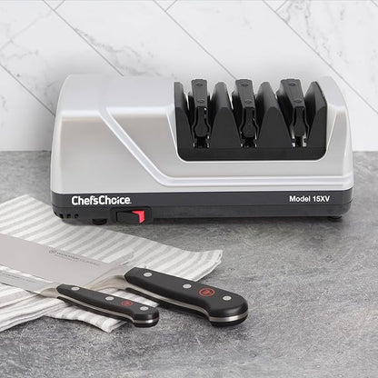 Chef'sChoice 15XV Professional Electric Knife Sharpener with Durable Metal Housing & 100-Percent Diamond Abrasives and Precision Angle Guides for Straight Edge and Serrated Knives, 3-Stage, Metallic - Image 2