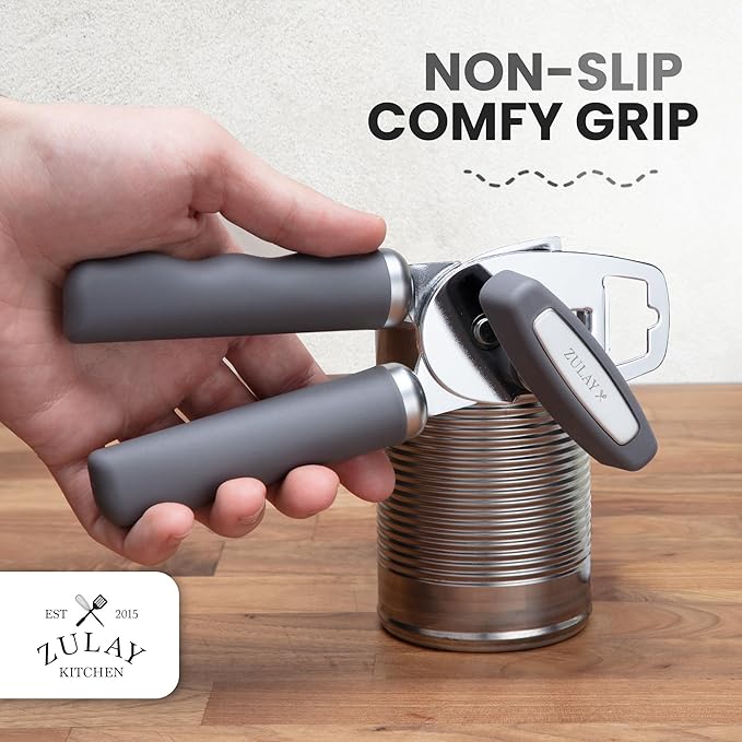 Zulay Kitchen Heavy Duty Stainless Steel Can Opener Manual with Bottle Opener - Rust Proof Manual Can Opener With Turn Knob & Comfy Soft Grip Handles - Gray - Image 5