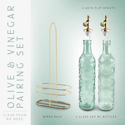 COOK WITH COLOR Glass Olive Oil Bottle Dispenser - 2 Pack- 17oz Oil and Vinegar Cruet - Olive Oil Carafe Decanter for Kitchen, Floral, Green - Image 3