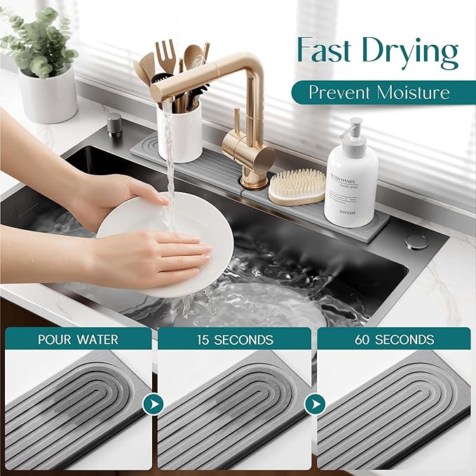 eormoe Kitchen Faucet Absorbent Mat - Diatomaceous Earth Splash Guard for Sink Faucet, Aesthetic Water Absorbing Stone Tray in The Modern Home [Grey, 23.6" x 3.9"] - Image 3