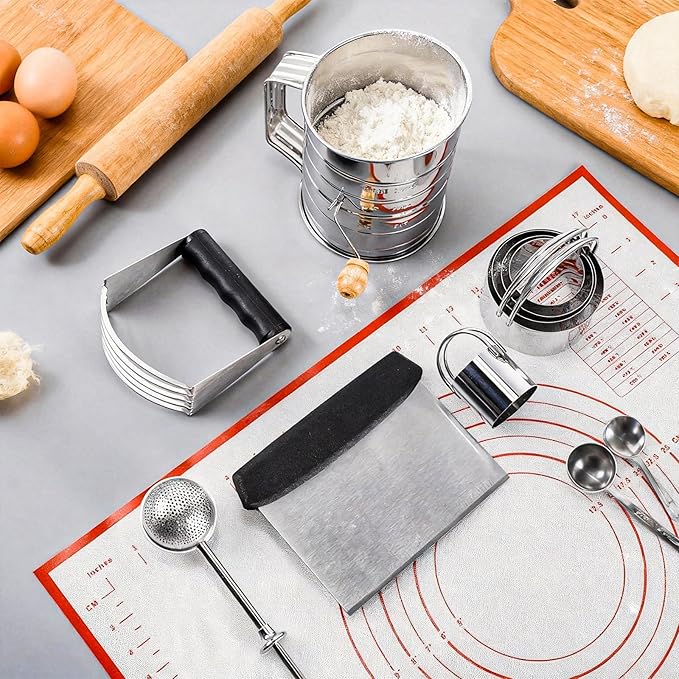 10 Pcs Stainless Steel Pastry Biscuit Cutter Set Include 3 Cup Flour Sifter Biscuit Cutter Pastry Scraper Dough Scraper Silicone Baking Mat Fine Mesh Strainer for Cooking Cookies Donuts Cake - Image 4