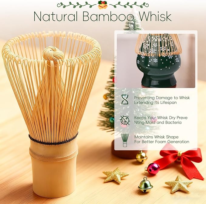 Christmas Matcha Whisk Set, Ceramic Matcha Set Includes Bowl & Holder, Bamboo Whisk (Chasen), Scoop, Spoon and Sifter, 6PCS Matcha Kit Covers Everything Needed for Making Matcha - Image 4