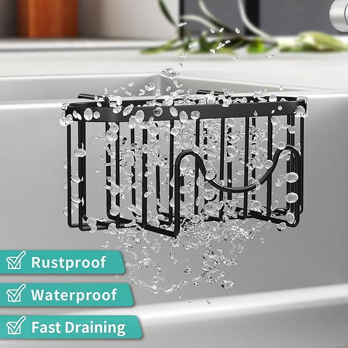 HapiRm Sponge Holder for Kitchen Sink - Rustproof Hanging Kitchen Caddy for Double-Bowl Sink, Center Divider Width Less Than 1.5in- Black - Image 4