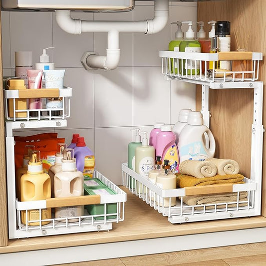PXRACK Under Sink Organizer, Adjustable Height, 2 Tier Pull Out Under Cabinet Organizer, Slide Out Thickened Metal Under Sink Storage for Kitchen Bathroom Laundry Pantry Cabinet, White, Large-2-Pack by PXRACK