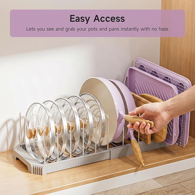 MUDEELA Pot Lid Organizer Rack for Cabinet, Expandable Pots and Pans Organizer under Cabinet with 12 Adjustable Dividers, Pan Organizers Holder inside Cabinet for Cutting Boards, Baking Sheets, Grey - Image 7