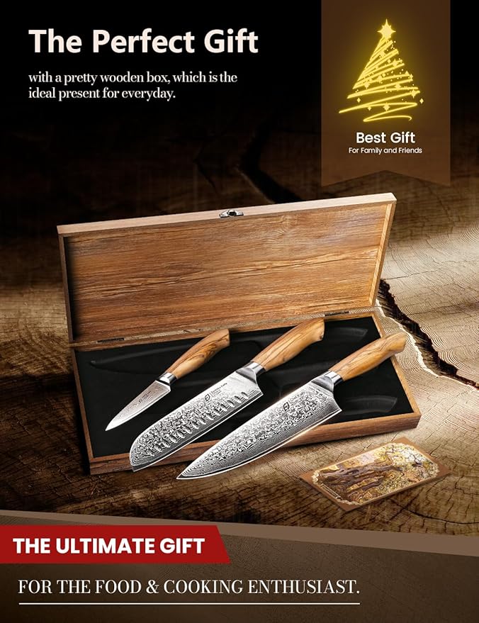 Emojoy Damascus Kitchen Knife Set, 3 PCS Japanese Chef Knife Set, 67-Layers Damascus Knife with Original Olive Wood Handle, Include Wooden Gift Box - Image 2