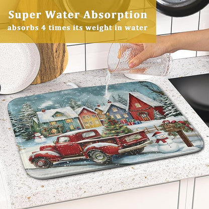 Christmas Dish Drying Mat for Kitchen Counter 18x16 Inch Xmas Red Truck Drying Mat with Absorbent Reversible Microfiber House Snowman Winter Dish Drainer Mats Rack Pad for Coffee Countertop Protector
