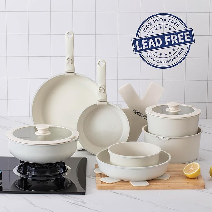 Country Kitchen Cookware Set with Removable Handle, Oven & RV Safe Pots and Pans Set, Cream, Deluxe Larger Set - Image 8