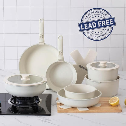 Country Kitchen Cookware Set with Removable Handle, Oven & RV Safe Pots and Pans Set, Cream, Deluxe Larger Set - Image 8