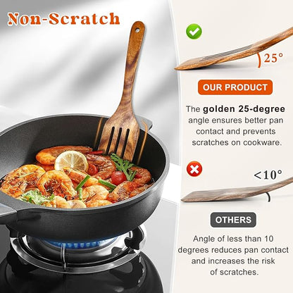 2Pcs Wooden Spatula, Acacia Solid & Slotted Turner Spatula Set, Long Handle Flat Frying Spatulas, Ideal Kitchen Gift for Mother and Grandma, Kitchen Utensils Set for Cooking, Frying, Baking - Image 3