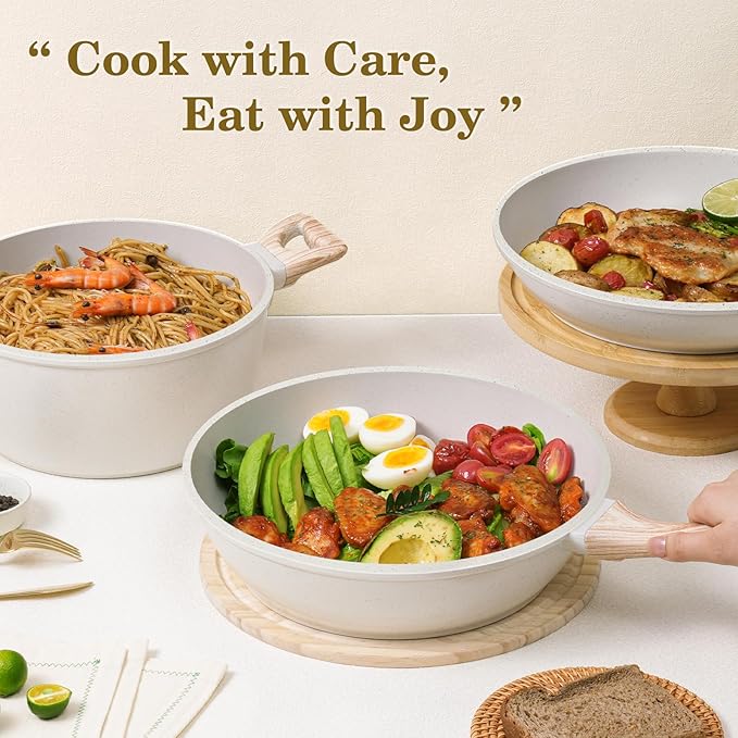 SODAY 12 Pcs Pots and Pans Set Non Stick, Cookware Sets White Granite Induction Cookware, Non-toxic Healthy Nonstick Kitchen Cooking Set with Frying Pan Set, Saucepans (PFAS/PFOA/PFOS Free) - Image 8