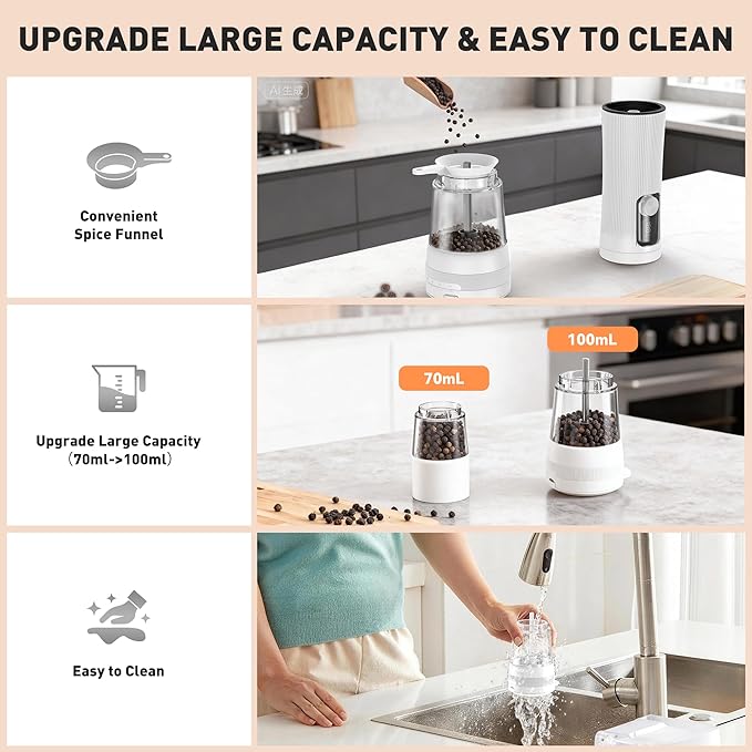 Electric Salt and Pepper Grinder Set, Upgrade 2-Speed Setting, External 5 Adjustable Coarseness, Rechargeable Automatic Salt & Pepper Shakers Mill with Battery Display, Storage Base & Led Light, White - Image 6