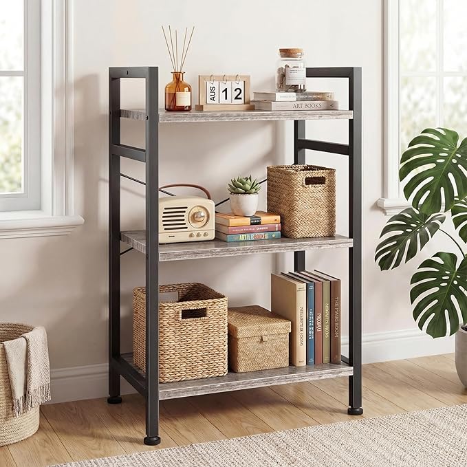 DUMOS 3 Tiers Bookshelf, Classical Book Shelf, Tall Display Shelves in Living Room/Home/Office, Storage Organizer for CDs/Books/Movies, Wood Grey - Image 7