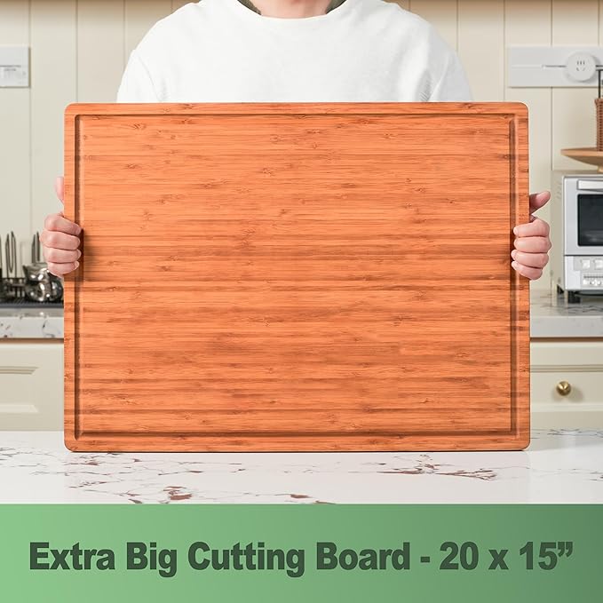 Allsum XL Cutting Board for Kitchen, 20x15" Extra Large, 1" Thick Bamboo Wood Butcher Chopping Block, Cheese Board, Durable Reversible with Juice Grooves and Handles - Image 3