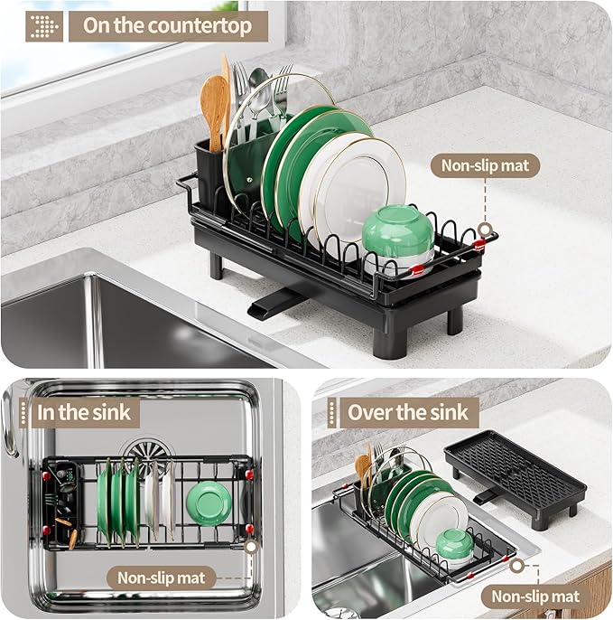 SanDream Dish Drying Rack, Small Over Sink Dish Drying Rack, Expandable Over the Sink Dish Drying Rack with Drip Tray for Kitchen Counter & in Sink - Image 2