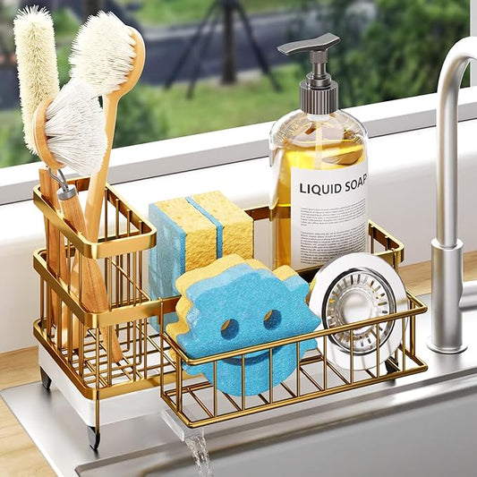 Consumest Sponge Holder for Kitchen Sink - Auto Draining Sink Caddy Organizer with Detachable Rack, High Brush Holder, Kitchen Countertop Storage Accessories, Gold by Consumest