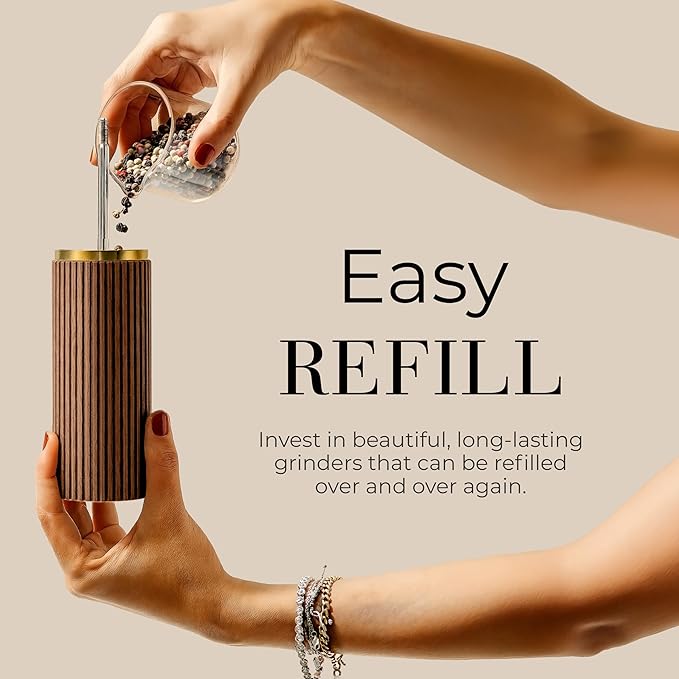 Wooden Salt and Pepper Grinder Set – Refillable Manual Salt and Pepper Mills with Adjustable Ceramic Burrs, Gold Detailing, and Wood Stand – White, Black and Acacia - Image 5