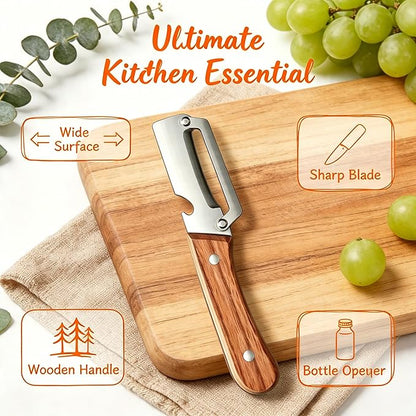 Vegetable Peeler 2 Pack, Multifunctional Stainless Steel Peeler with Wooden Handle and Bottle Opener - 2 in 1 Ultra Sharp Kitchen Tool for Fruit, Veggie, Carrot & Papaya - Image 3