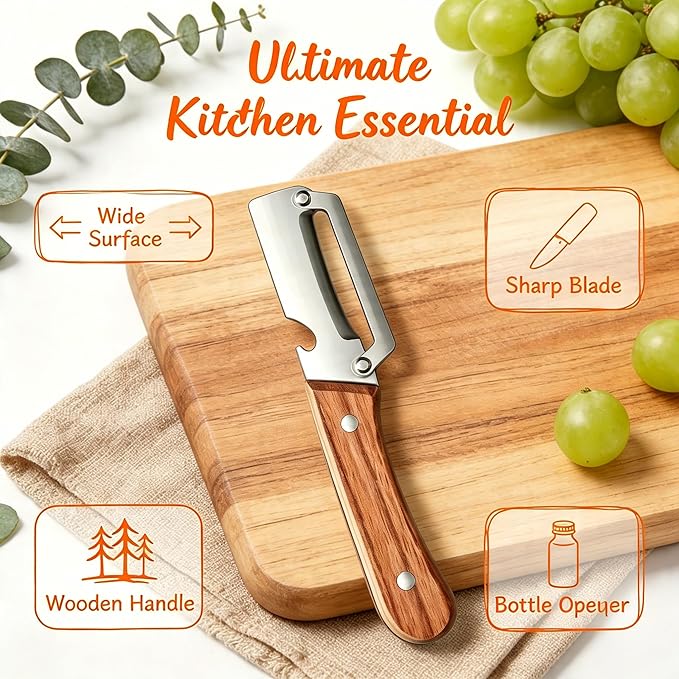 Multi-Functional Vegetable Peeler, Zero Snag Wooden Handle Stainless Steel Peeler - Ultra-Sharp Kitchen Tool with Bottle Opener, Premium Veggie Peeler for Potato, Apple, Pumpkin & More - Image 4