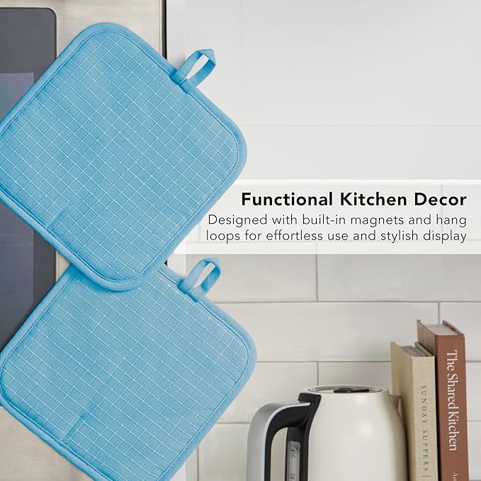 KITCHENAID Gourmet Series Gridlines Pot Holders 2-Pack Set, Heat Resistant up to 600°F, Soft Silicone Grip, Magnetic Cuff, Blue Velvet, 8"x8" - Image 6