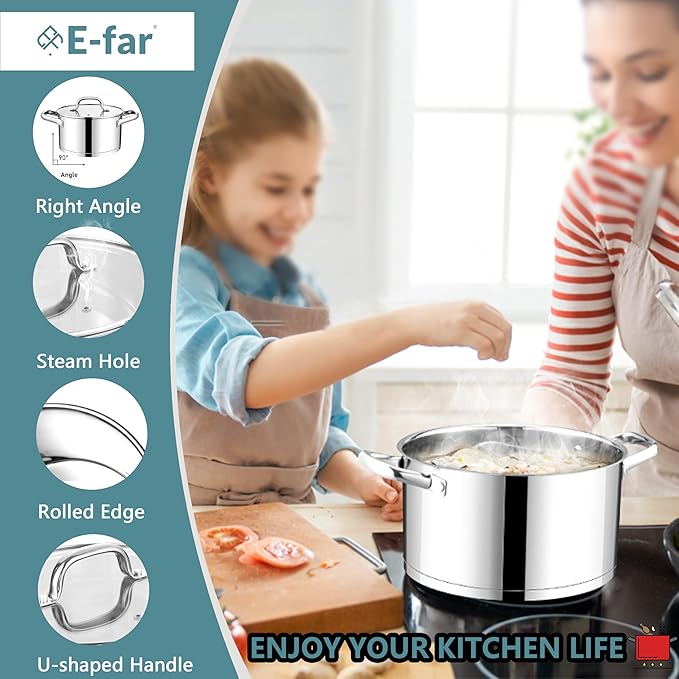 E-far 6 Quart Stock Pot with Lid, Stainless Steel Stockpot for Cooking Simmering Soup Pasta Sauce, with Tri-Ply Bottom & Visible Cover, Induction/Gas/Dishwasher Safe, Heavy Duty & Non Toxic - Image 4