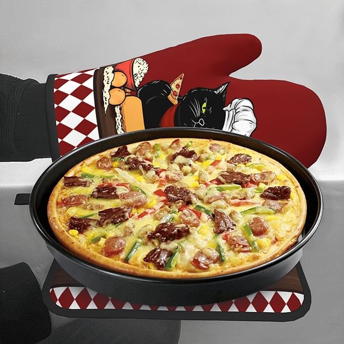 Cat Pot Holders and Oven Mitts - Red Cooking Gloves Hot Pads for Kitchen Fun Chef Gifts for Cooking Lover Cooks - Image 7