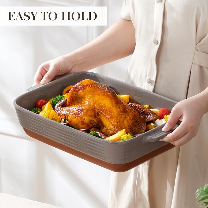 MALACASA 4.8 Qt Lasagne Dishes for Oven, 9 x 13 Inches Brown Ceramic Oven Dish with Handles, Deep Rectangular Baking Dish Casserole Dishes, Lasagna Pan Bakeware for Roasting, Series TARA - Image 6