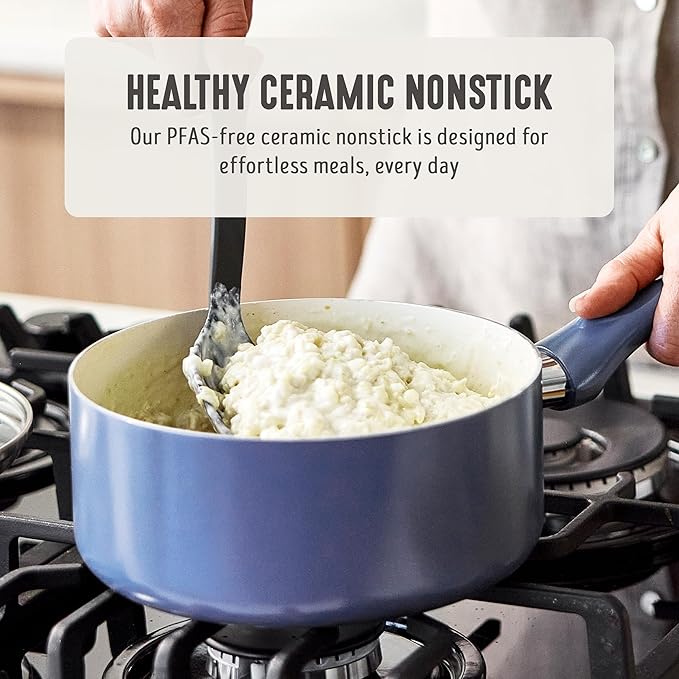 GreenLife 2 Quart Nonstick Saucepan with Lid, Non-Toxic Ceramic Pot, Dishwasher Safe, Stay-Cool Handle, Induction Ready, Fast Heating, PFAS/PFOA Free, Easy Clean, Slate Blue - Image 2