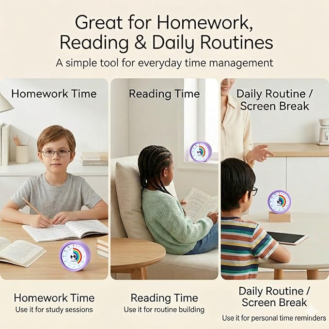 Searon Visual Timer for Kids with Magnet, Quiet 60 Minute Countdown Timer with Rainbow Disk, Sound or Silent LED Alert, for Homework, Reading, Study Time, Kitchen & Small Spaces (Purple)