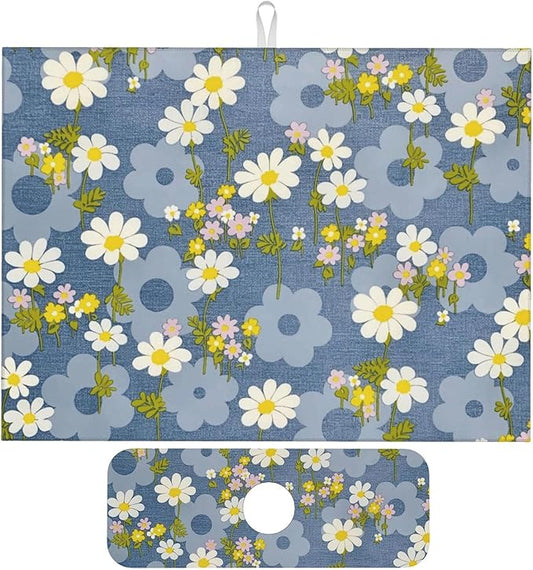 Daisy Flowers Dish Drying Mat for Kitchen Counter, 18"x24" Microfiber Absorbent Fast Dry Mat, 2Pcs Dish Mat Faucet Mats Sets, Large Drying Kitchen Mat Kitchen Drying Pad Coffee Bar Decor Gifts