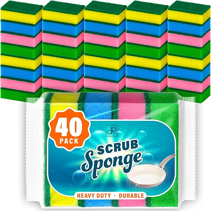 DecorRack 40 Pack Kitchen Sponges, Heavy Duty, Non-Scratch Cleaning Scrub Sponges for Dishes, Cleaning Household, Bathroom, Car Wash - Multicolor (Pack of 40) by DecorRack