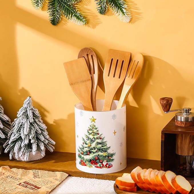 WILLBOND Christmas Tree Kitchen Decor Acrylic Kitchen Utensil Holder Crock Spoon Organizer for Countertop Table Decor Coffee Spoon Holder Jar for Cooking Tools
