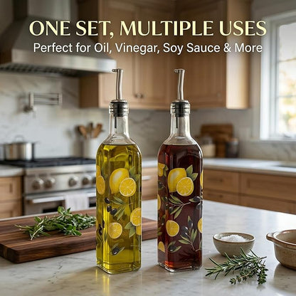 Topadorn 17 oz Olive Oil Dispenser Bottle Set for Kitchen, 2 Pcs Glass Oil Dispenser Bottle with Stainless Steel Pourers, 2 Packs of Napkins, Lemon