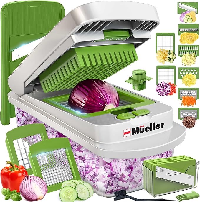 Mueller Pro-Series 10-in-1, 8 Blade Vegetable Chopper, Onion Mincer, Cutter, Dicer, Egg Slicer with Container, French Fry Cutter Potato Slicer, Home Essentials, Salad Chopper White Sand/Green by Mueller