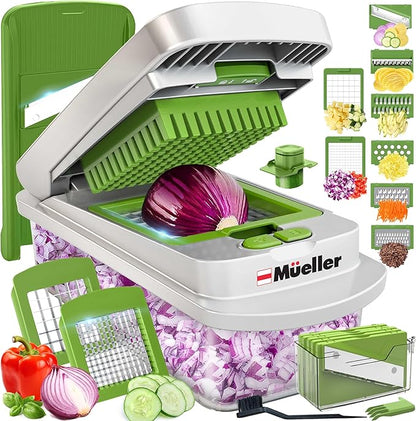 Mueller Pro-Series 10-in-1, 8 Blade Vegetable Chopper, Onion Mincer, Cutter, Dicer, Egg Slicer with Container, French Fry Cutter Potato Slicer, Home Essentials, Salad Chopper White Sand/Green by Mueller