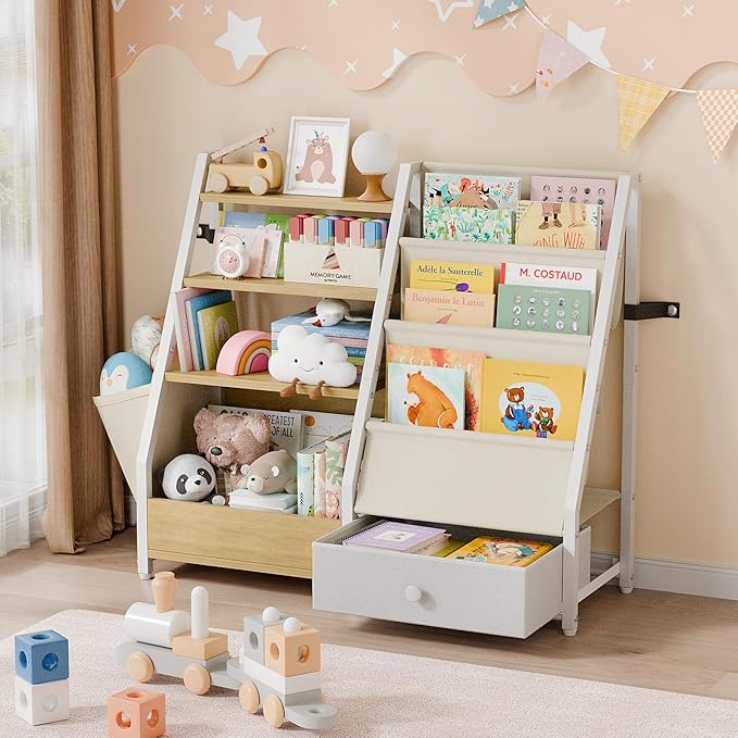 HAVLOTII Kids Bookshelf and Toy Storage - Book Shelf for Kids Rooms, Toddler Bookshelf Baby Bookcase for Nursery, Montessori Toy Organizer, Burlywood