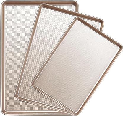 Baking Sheet Set of 3, Nonstick Heavy Duty Cookie Sheets for Oven - 13.6"×9.6"/15.5"×10.6"/17.5"×11.8" Warp-Resistant Carbon Steel Bakeware Trays, Champagne Gold, Dishwasher & Oven Safe - Image 7
