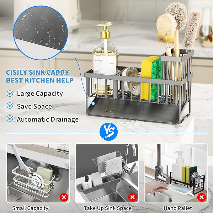 Cisily Sink Caddy Organzier with High Brush Holder, Sponge Holder for Sink, 304 Rustproof Stainless, Kitchen Countertop Soap Dispenser Organizer, Dark Gray Kitchen Decor and Accessories - Image 5