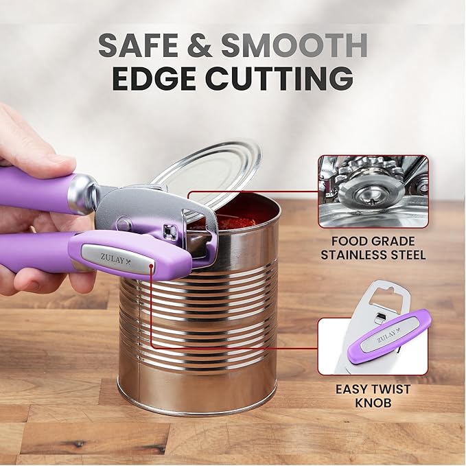 Zulay Kitchen Heavy Duty Stainless Steel Can Opener Manual with Bottle Opener - Rust Proof Manual Can Opener With Turn Knob & Comfy Soft Grip Handles - Lavender - Image 4