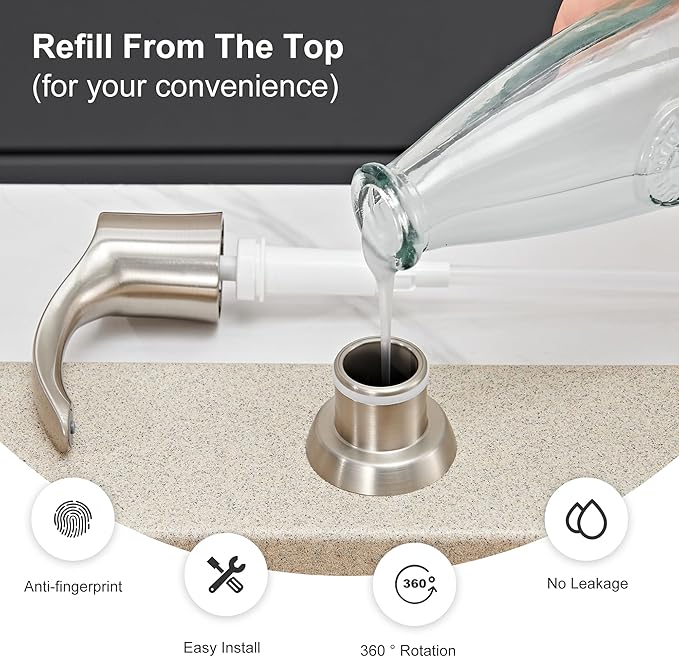 GAGALIFE Kitchen Sink Soap Dispenser with 17 Ounce Large Bottle (Brushed Nickel), Built in Sink Soap Dispenser Sink Mounted Soap Dispenser Refill from Top, G080BN