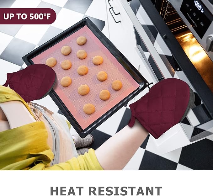 1 Pair Short Oven Mitts - Silicone Kitchen Oven Gloves High Heat Resistant 500℉, Mini Oven Mits with Non-Slip Grip Surfaces and Hanging Loop for BBQ, Baking, Cooking and Grilling (Dark Red) - Image 2