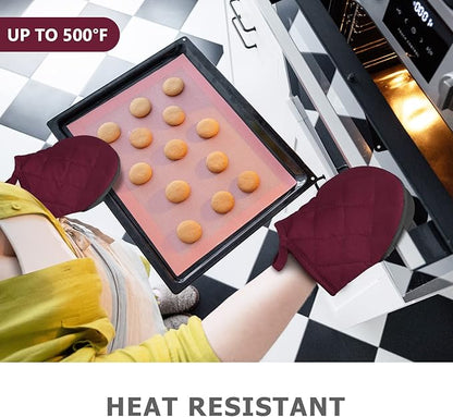 1 Pair Short Oven Mitts - Silicone Kitchen Oven Gloves High Heat Resistant 500℉, Mini Oven Mits with Non-Slip Grip Surfaces and Hanging Loop for BBQ, Baking, Cooking and Grilling (Dark Red) - Image 2
