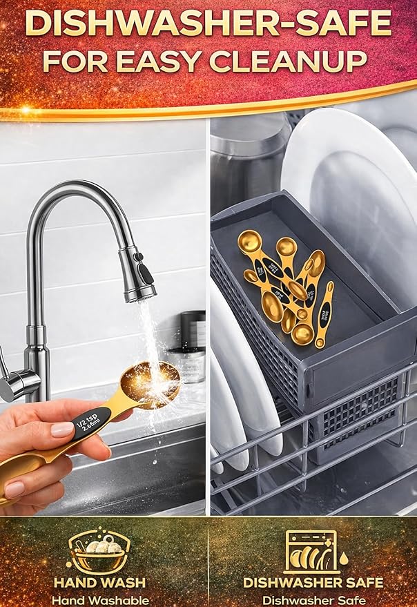 Magnetic Measuring Spoons Set with Strong N45 Magnets, Heavy Duty Stainless Steel Metal, Fits in Most Kitchen Spice Jars for Baking & Cooking, BPA Free, Multicolor, Set of 8 with Leveler(Gold) - Image 7