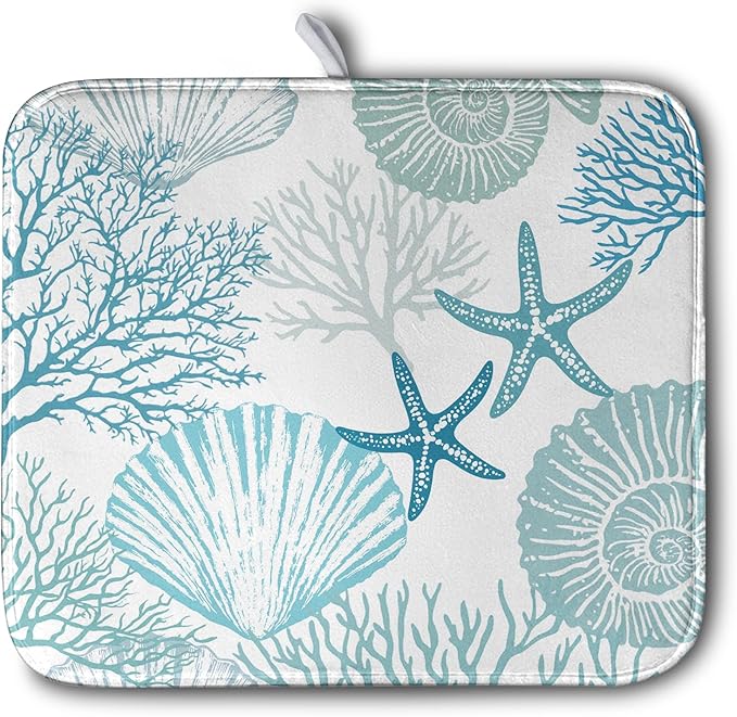 Summer Blue Dish Drying Mat for Kitchen Counter Nautical Coastal Teal Dishes Drainer Mats Beach Coral Seashell Starfish Ocean Absorbent Microfiber Dish Draining Pad 16x18 Inch by Kwlegh